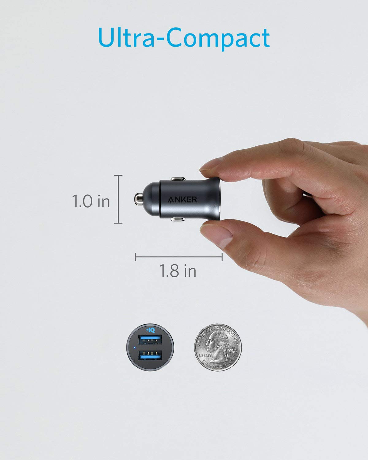 Anker 320 Car Charger (24W II), Mini Aluminum Alloy Dual USB with Blue LED for iPhone16 15 14 13 12 Series, iPad Pro/Air 2/Mini, Galaxy and More - Not