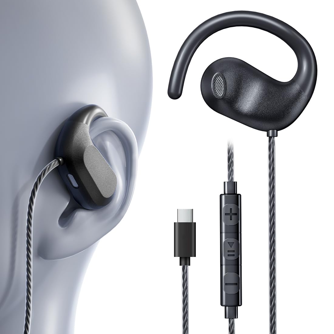 USB C Headphones Wired Earbuds Type c | Open Ear Headphones with Mic | Running Earbuds with Rotatable Earhook & Volume Control for iPhone 15 & 16…