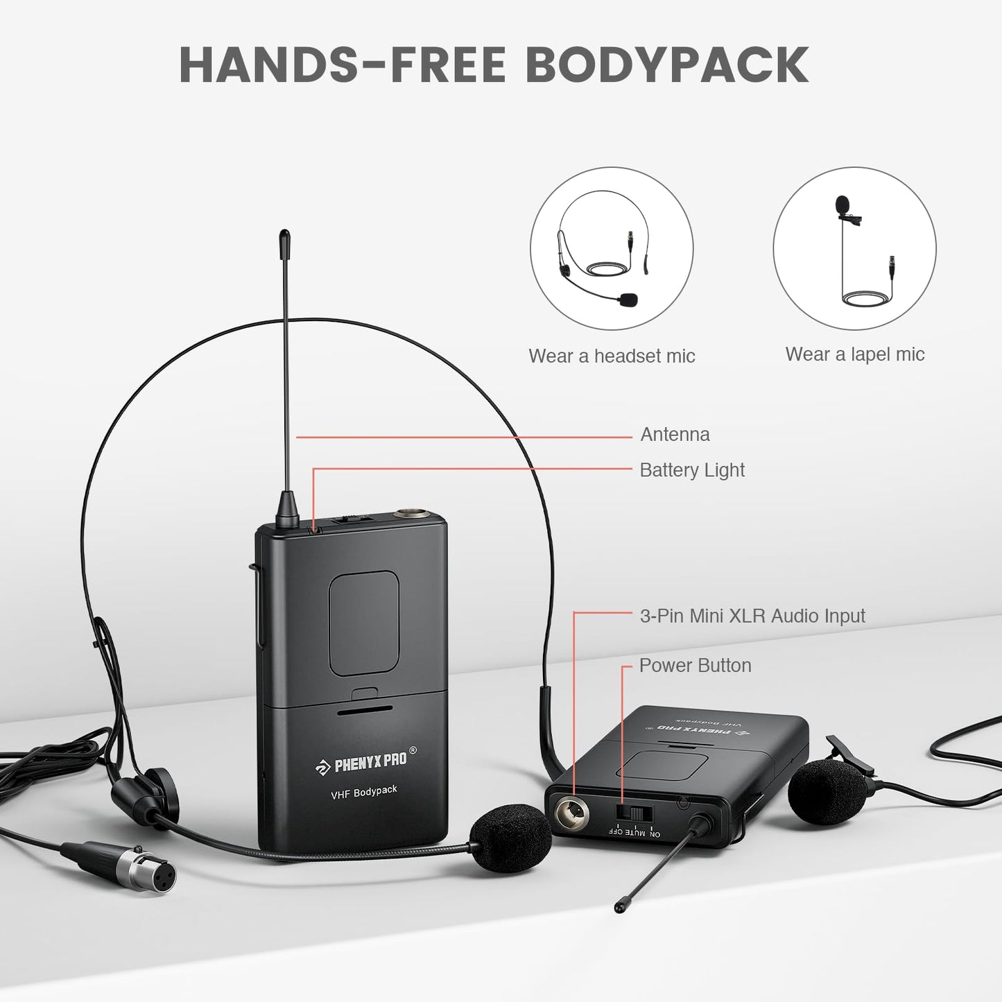 Phenyx Pro Wireless Microphone System, 4-Channel VHF Wireless Microphone Set with 2 Handhelds/2 Bodypacks/2 Lapels/ 2 Headset, Metal Receiver