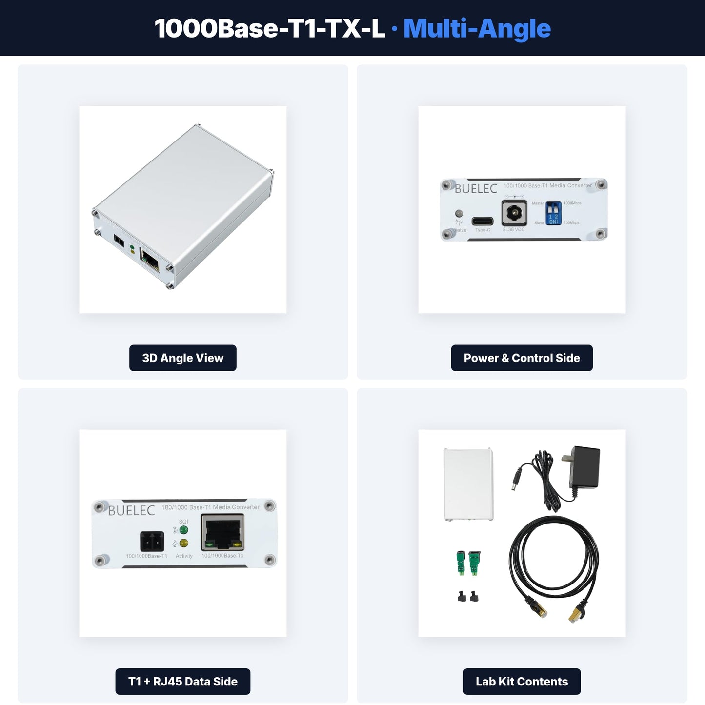 BUELEC 100/1000Base-T1-TX-L Automotive Ethernet Media Converter - 1Gbps Full-Duplex Gigabit T1 to RJ45, 88Q2112&RTL8211FI, Aluminum Alloy Case,TE