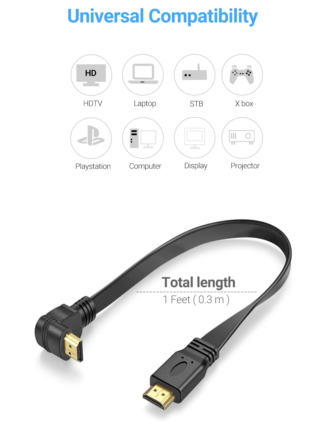 URWOOW Flat Slim High Speed HDMI Male to Male Extension Cable 90 Degree Down Angle (1 Feet) Adapter Converter Cable
