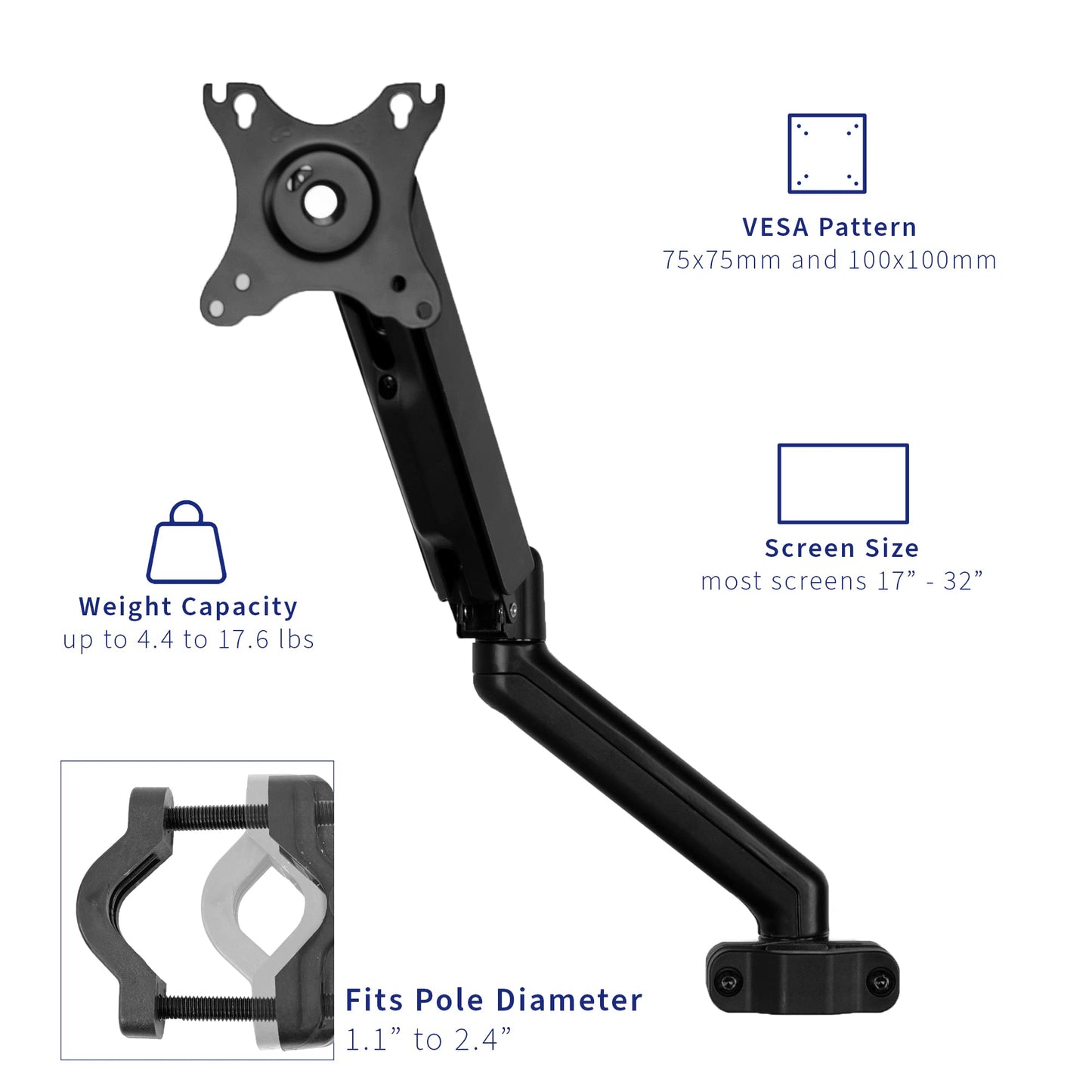 VIVO Universal Full Motion Pneumatic Pole Mount Arm for 17 to 32 inch Monitor Screens, 75mm and 100mm VESA Plate, Black, MOUNT-POLE05O