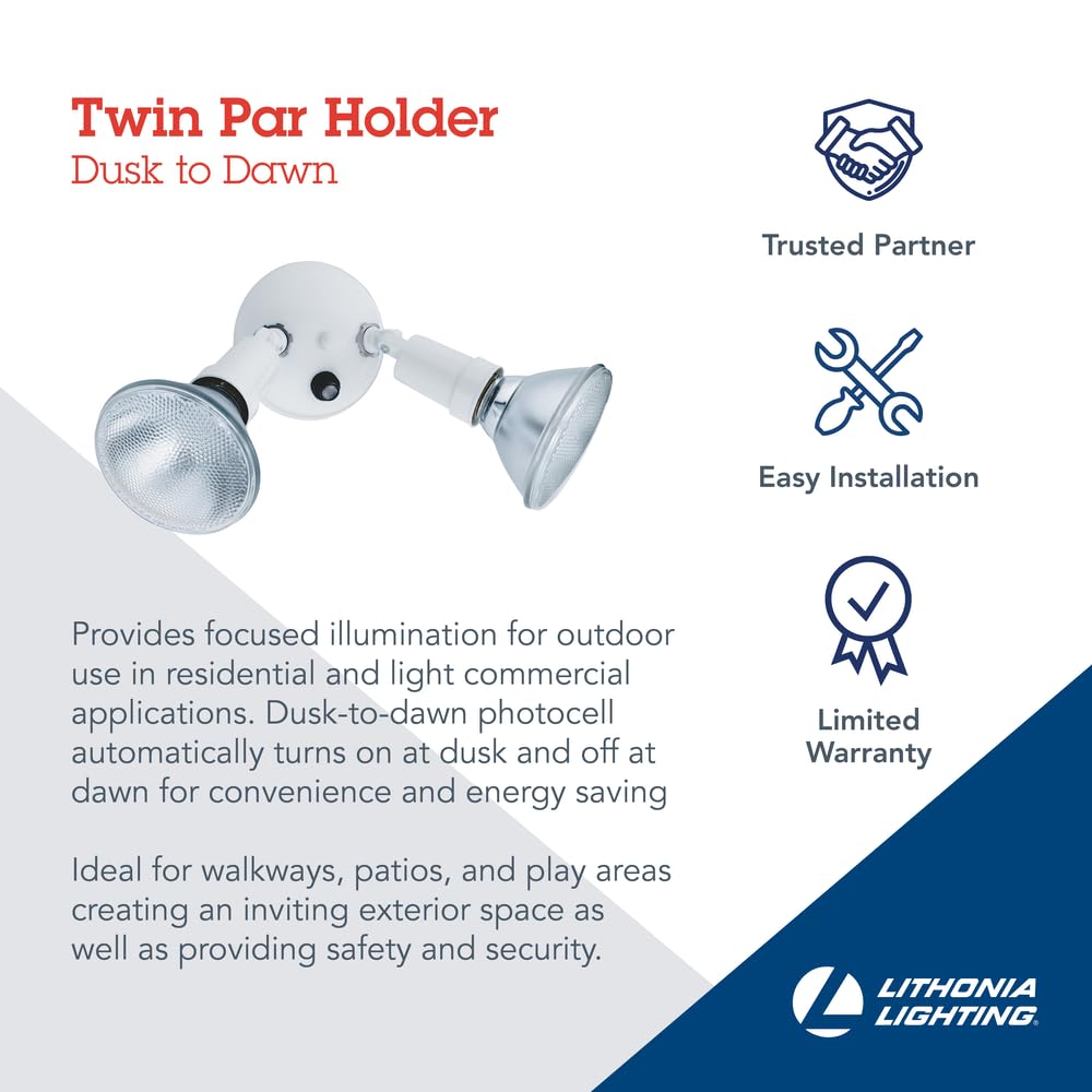 Lithonia Lighting Adjustable Dusk Dawn Security Light, Twin Par Outdoor Flood Light Holder, Photocell Sensor, 120 Volts, Uses 2 Lamps Up to 150W (Not