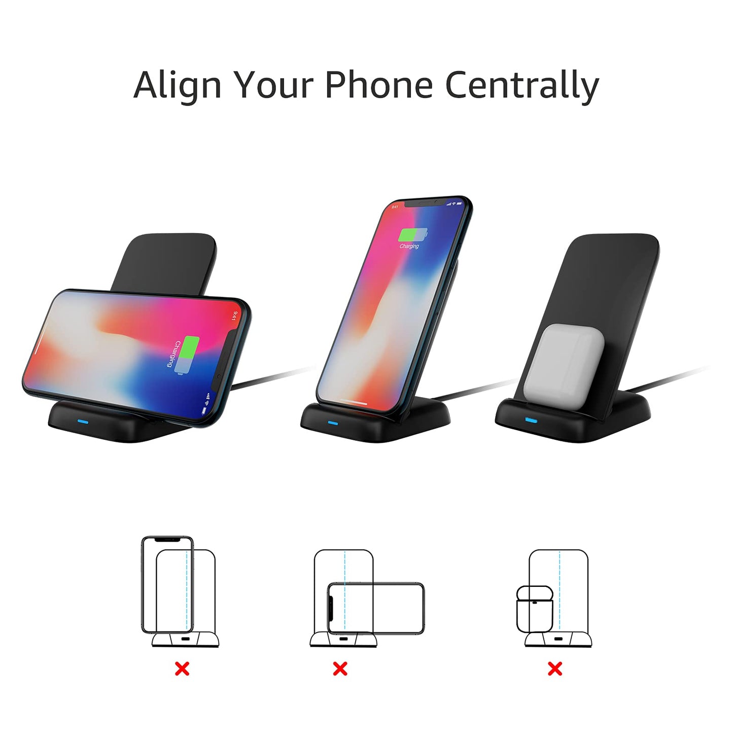 Amazon Basics Wireless Phone Charger Stand, 10W Qi Certified with USB Cable, Compatible with iPhone 16/15/14/13/12/11/X, Samsung & More, with USB