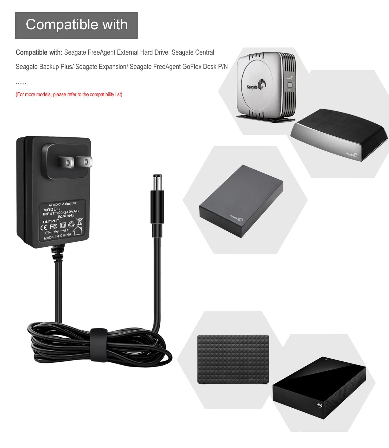 12V AC Power Adapter fits for Seagate Backup Plus SRD0SD0, Expansion SRD00F2, Central, FreeAgent GoFlex, SimpleTech External Hard Drive Power Supply…