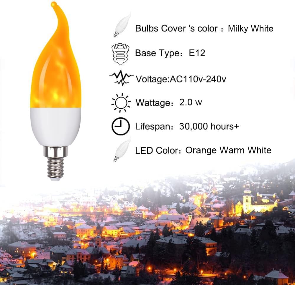 OHLGT E12 3 Mode LED Candelabra Flame Light Bulbs 4 Pack, 2.0W Warm White, 1800k Candle Light, Flame Tip for Christmas Party Decorations