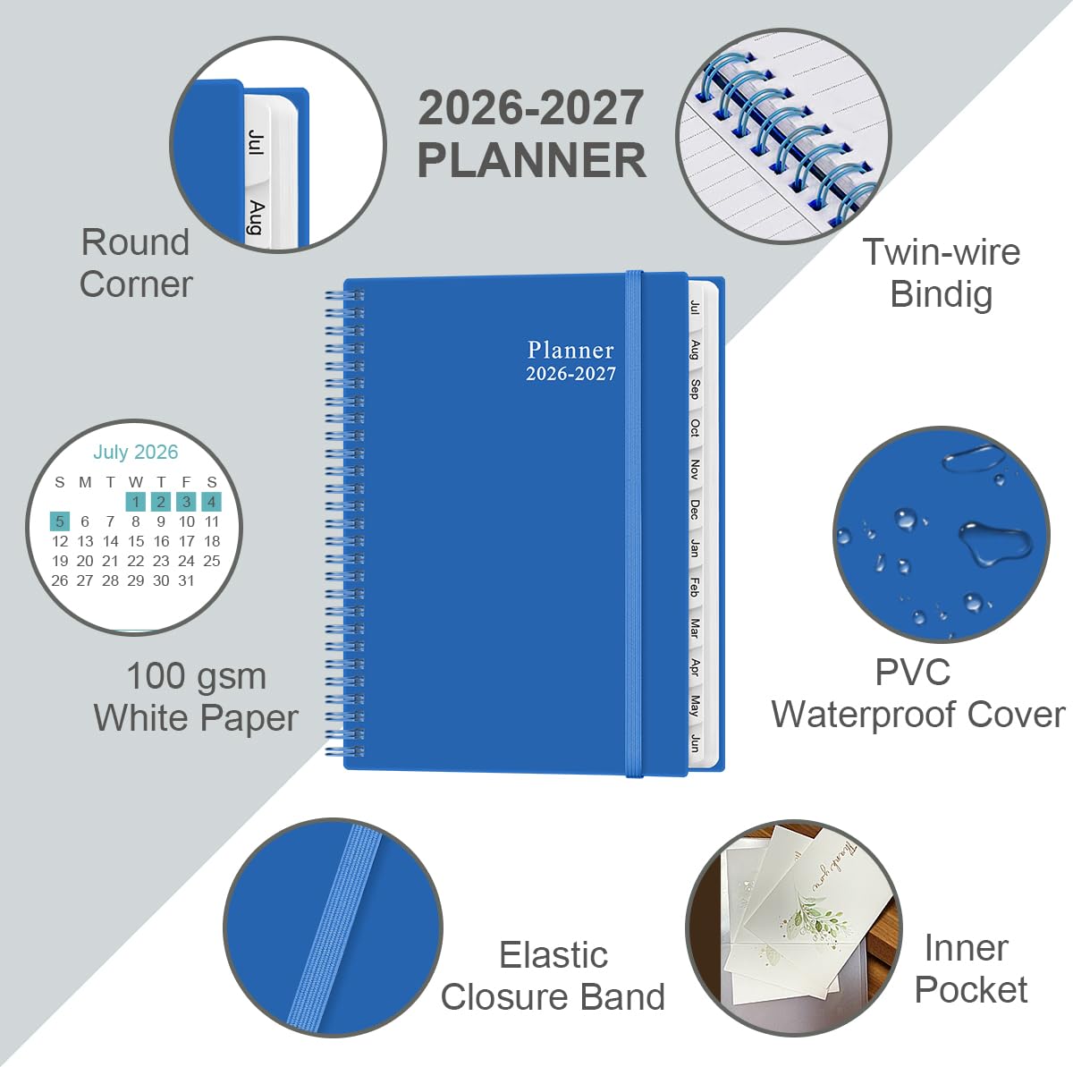 2026-2027 Planner - Planner 2026-2027 from July 2026 to June 2027 with 12 Monthly Tabs, Flexible Cover, Inner Pocket, 8.5" x 11", Blue