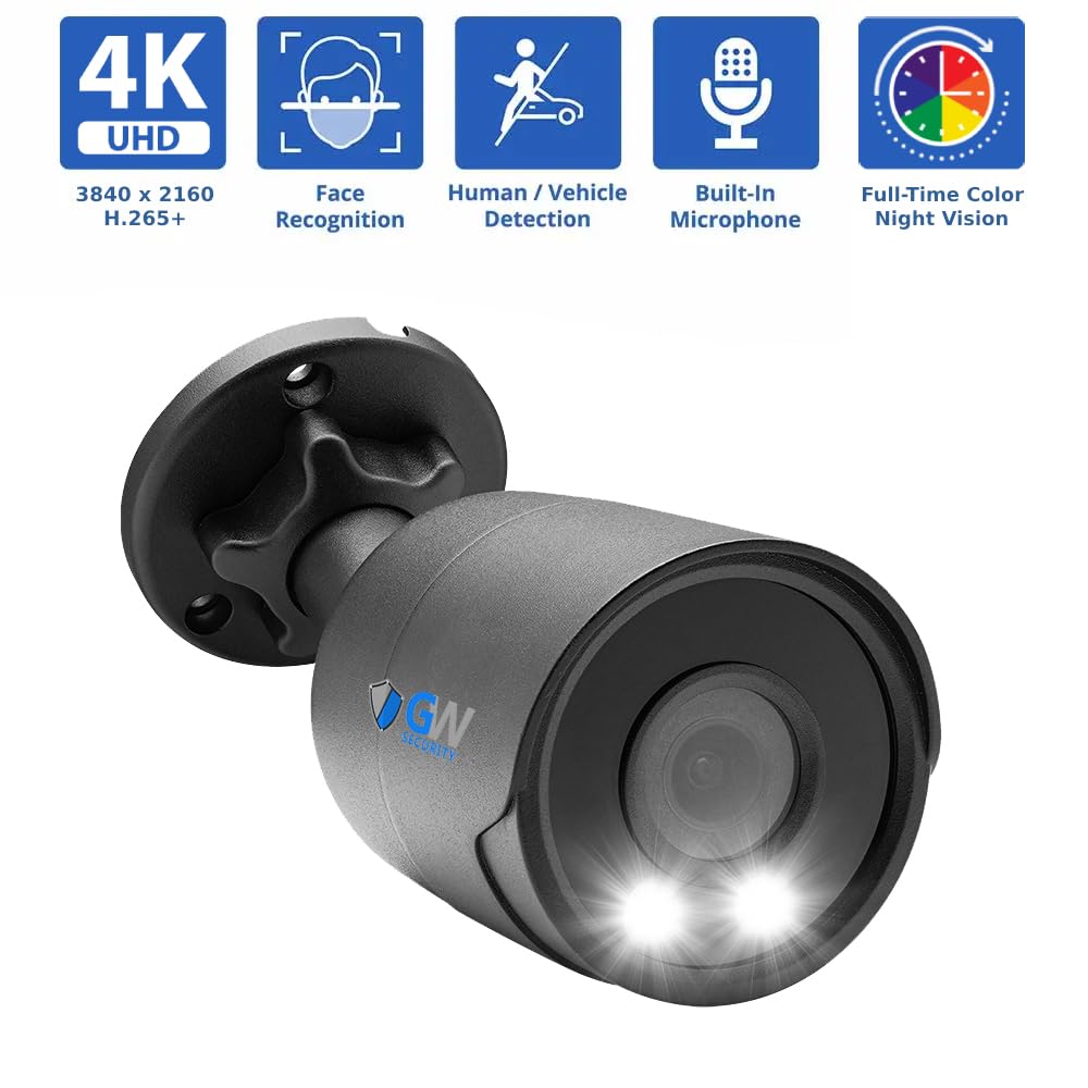 GW Security 4K Outdoor/Indoor AI Smart Functions Security Camera System, 16 Channel 12MP PoE NVR, 8 x 4K IP Color Night Vision Microphone Bullet