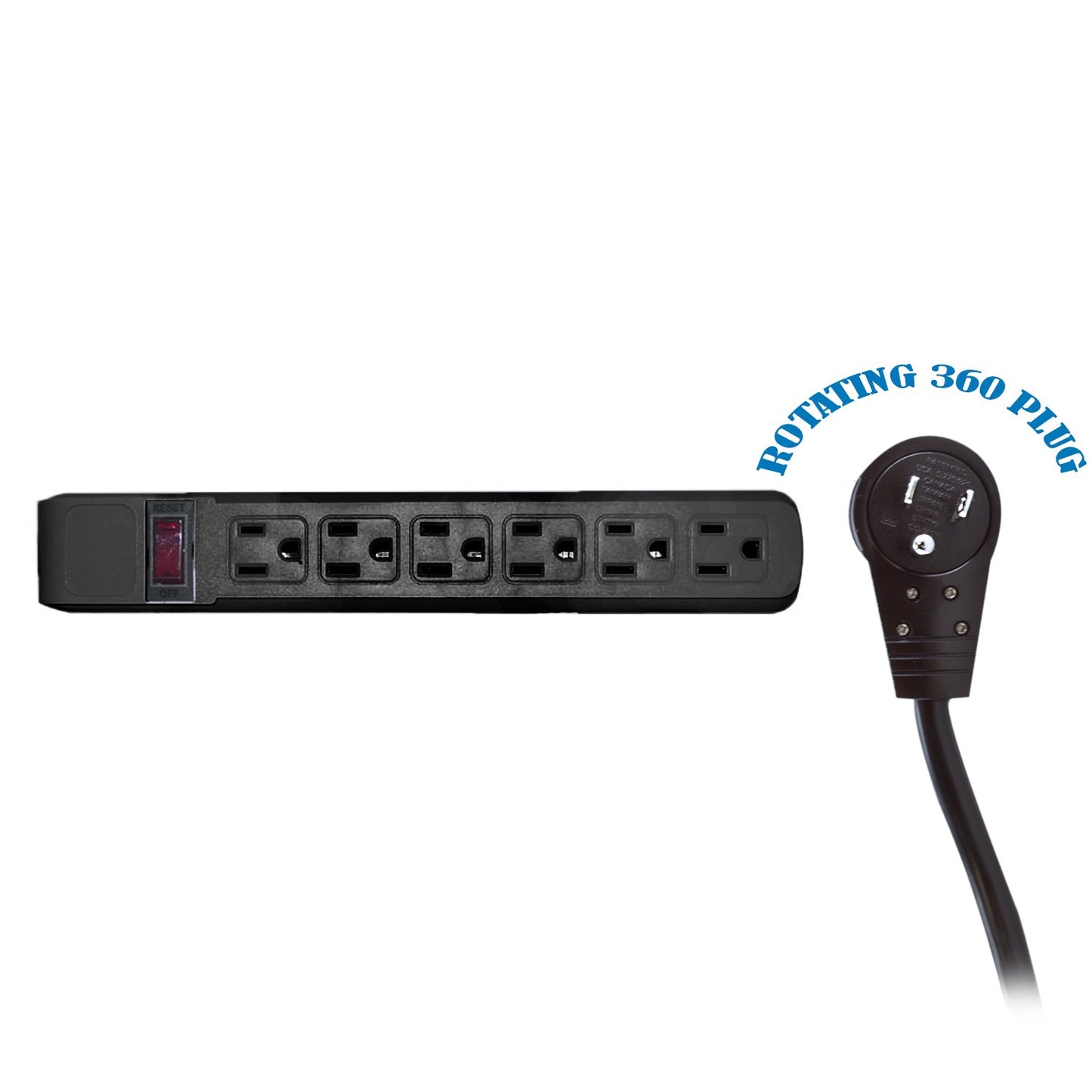 4 feet Surge Protector, Flat Rotating Plug, 6 Outlet, Black Horizontal Outlets, Plastic, 4 ft Power Cord, Surge Protector Multi Plug, CableWholesale