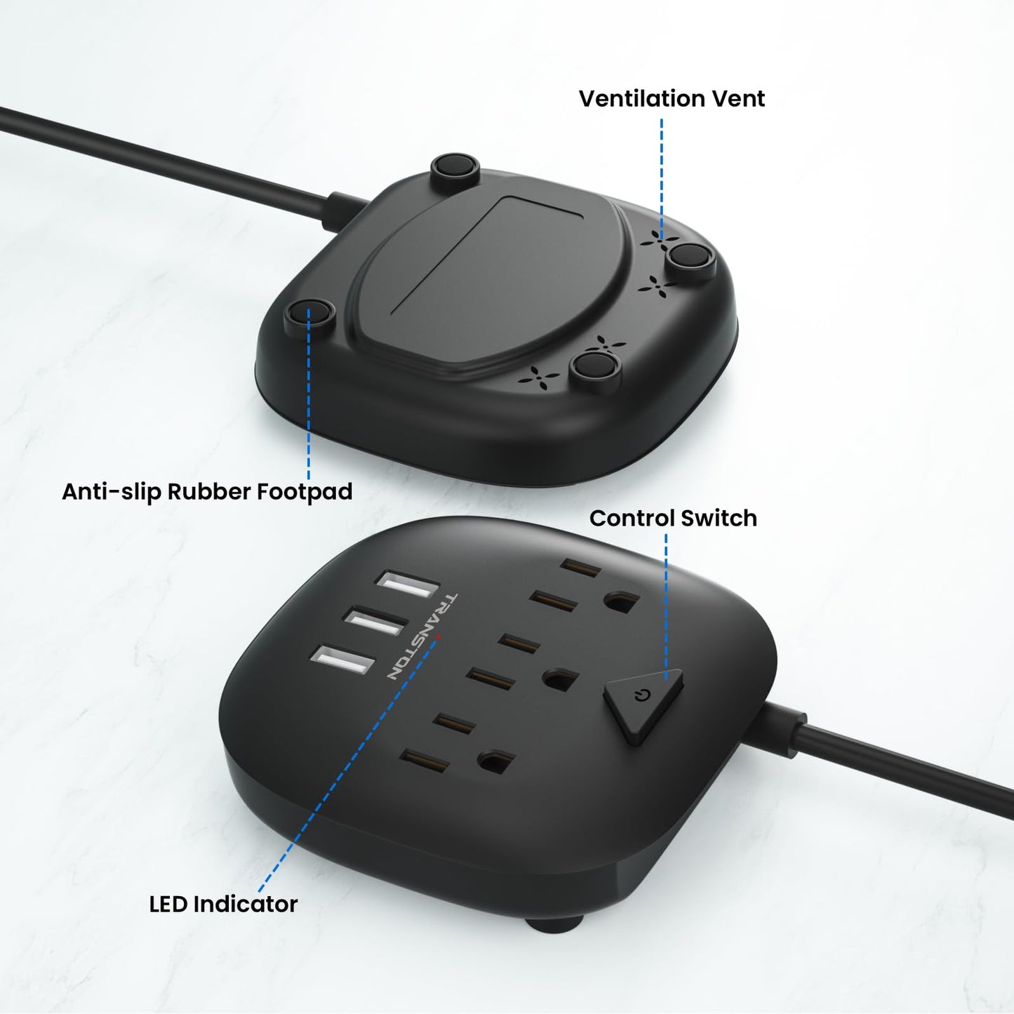 Power Strip 3 Outlets and 3 USB Ports with Switch Control, Desktop Charging Station with 5 ft Extension Cord, Compact for Nightstand, Office