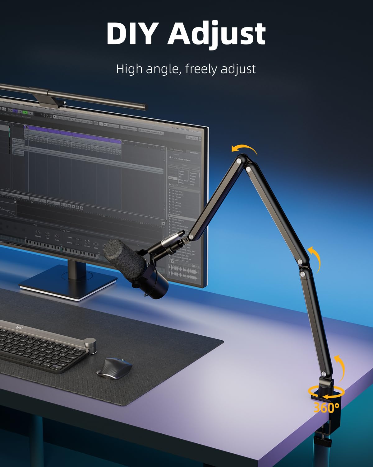 TODI Mic Arm for Lightweight Mics, Microphone Arm Rotatable, Storable Desk Mic Stand for Bear 3LB with Mount Clamp, Mic Stand Boom Arm with Cable