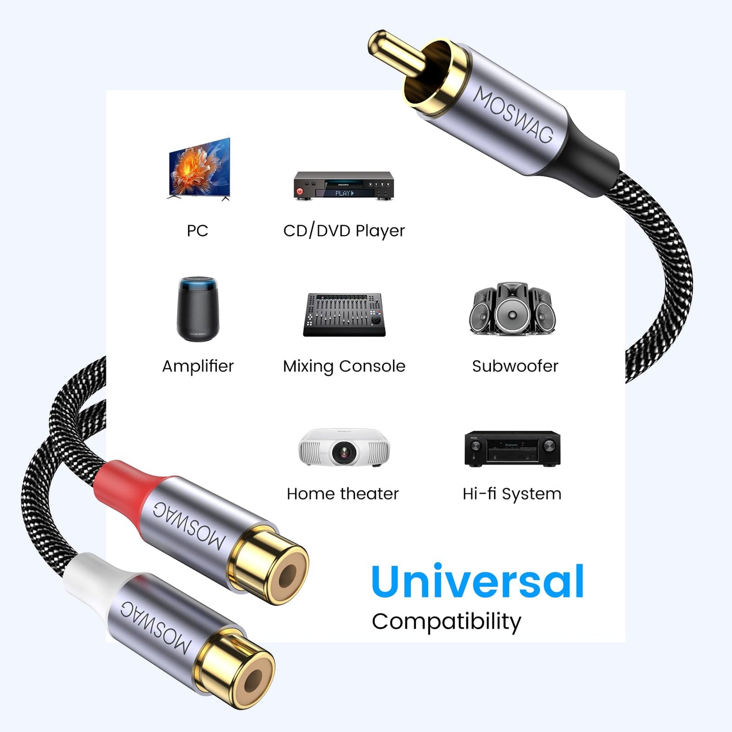 MOSWAG 1 Male to 2 Female RCA Splitter, RCA Y Splitter Cable Audio Video Splitter Adapter Extension Cord Compatible with subwoofers, Speakers, Home