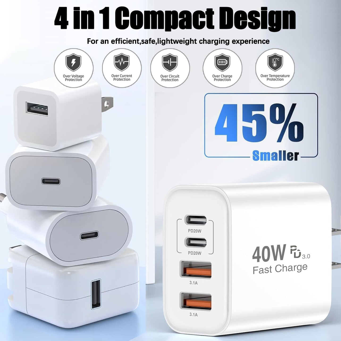 iPhone 17 Charger Fast Charging,4-Port USB C Charger Block 2Pack 40W Apple Charger with 10FT USB C to C Woven Braid Cable Cord for Apple iPhone 17e/17
