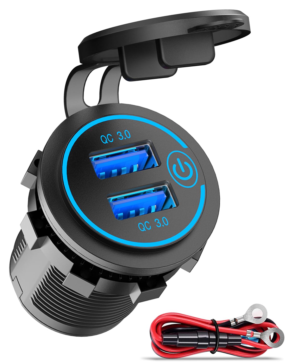 QC3.0 Dual USB 12V Outlet with Touch Switch: 12 Volt Marine Socket Golf Cart USB Port DC Car Charger Waterproof Power Adapter Cigarette Lighter Mount