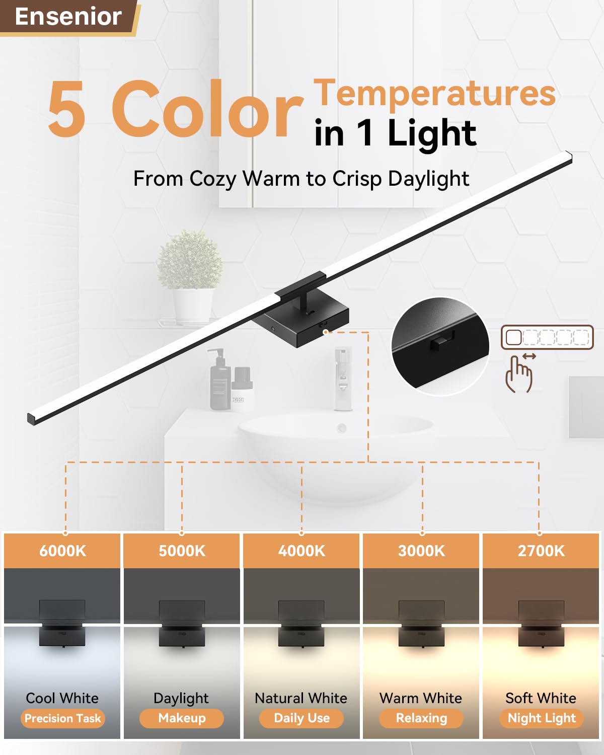 Ensenior Modern Bathroom Vanity Light 48 inch, Built-in Dimmer, 28W Dimmable 5CCT Led Bath Lights, Black Bar Vanity Lights for Bathroom Mirror