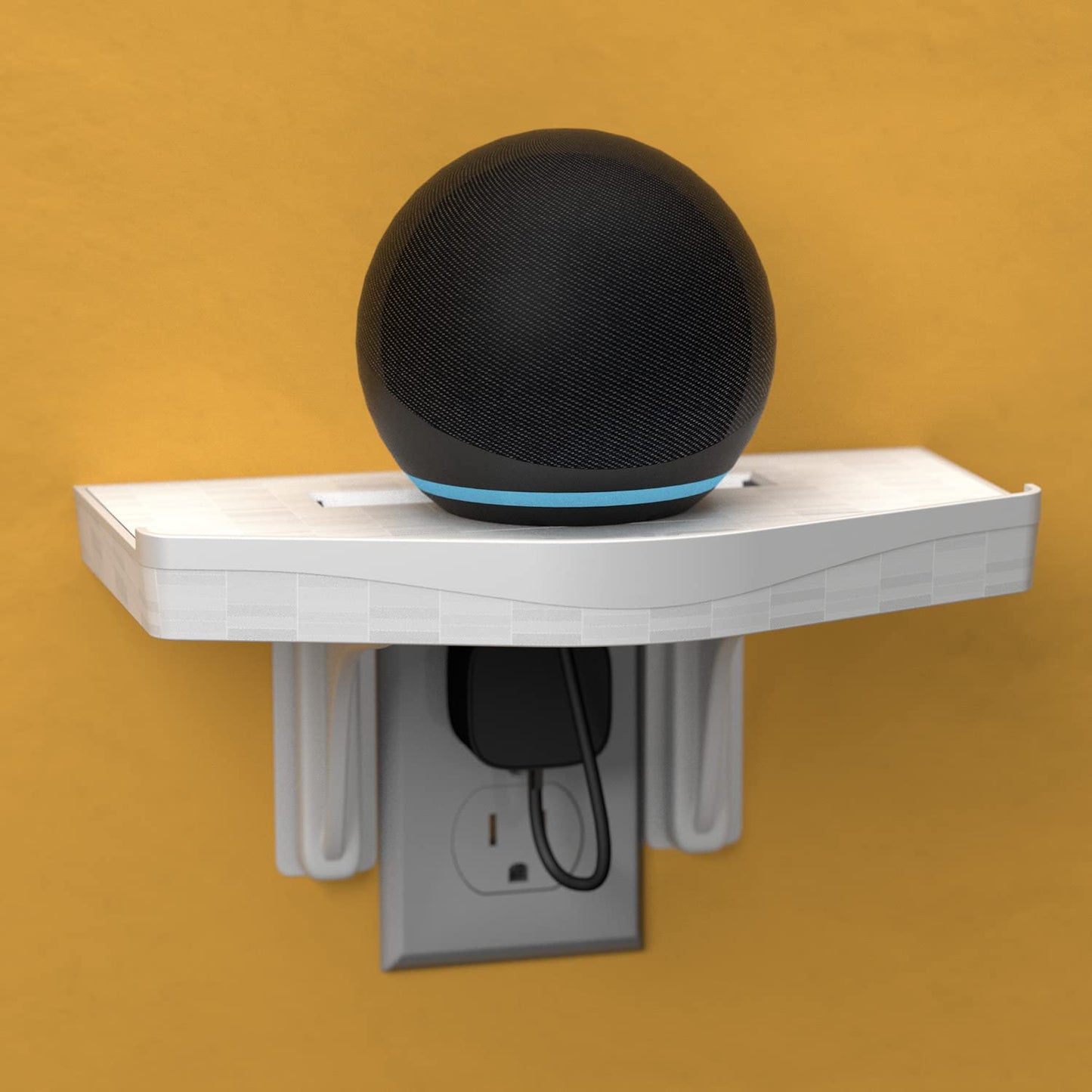 D-Line 1-Shelf Modern White Wall Mount Outlet Shelf for Horizontal & Vertical Outlets, Echo Dot Socket Shelf, Smart Phone Perch, Built in Cable