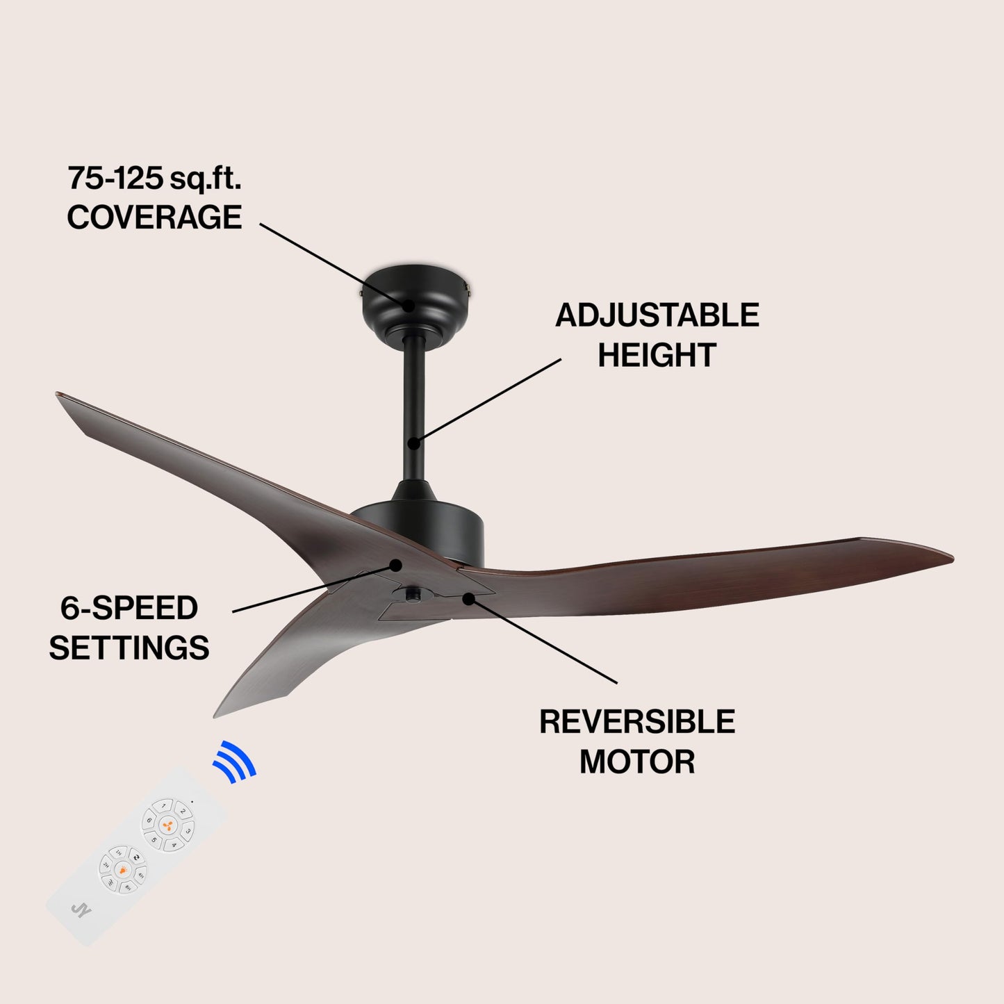 JONATHAN Y Aldrin 50" Quiet 6-Speed Fan, Neutral Brown Wood Finish
