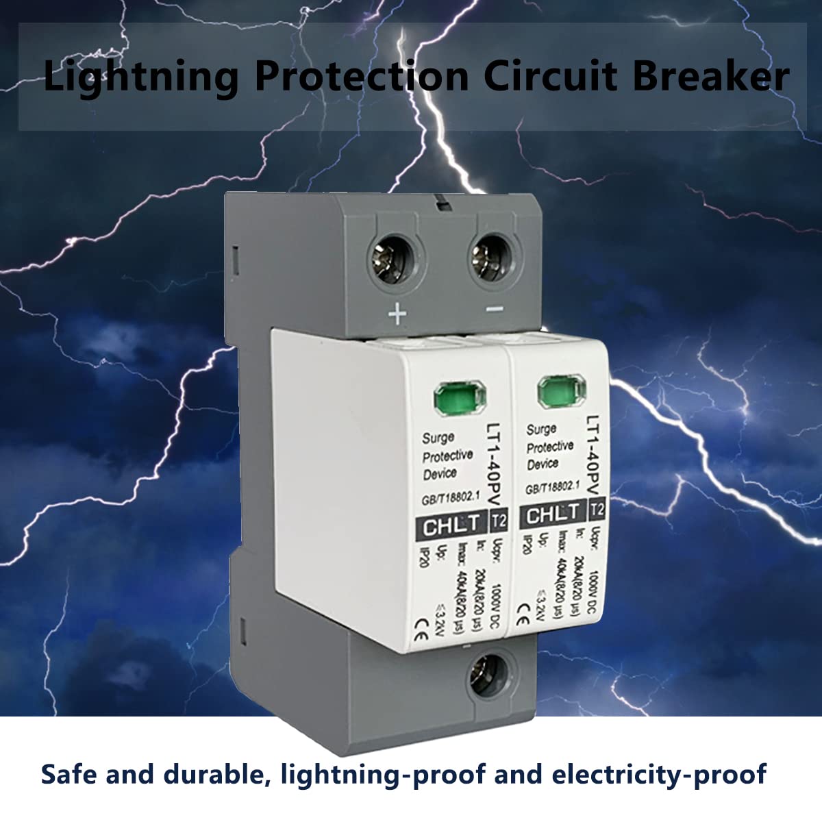 2P Surge Arrester Device, DC Protector Breaker Device 1000V DC Voltage PC Flame Retardant Shell Low Voltage Arrester 3.0KV Lightning Photovoltaic