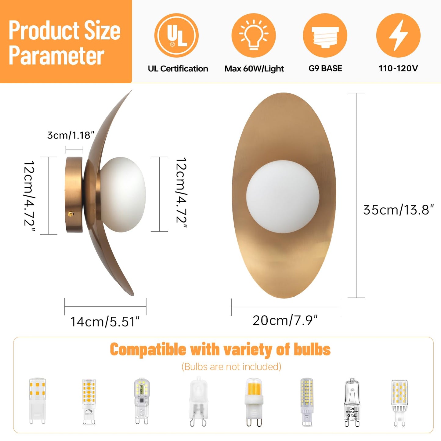 Qepeety Mid Century Modern Wall Sconce, Glass Wall Light Fixtures Vintage Crescent Shape Gold Brushed Finish LED Wall Mount Light for Living Room