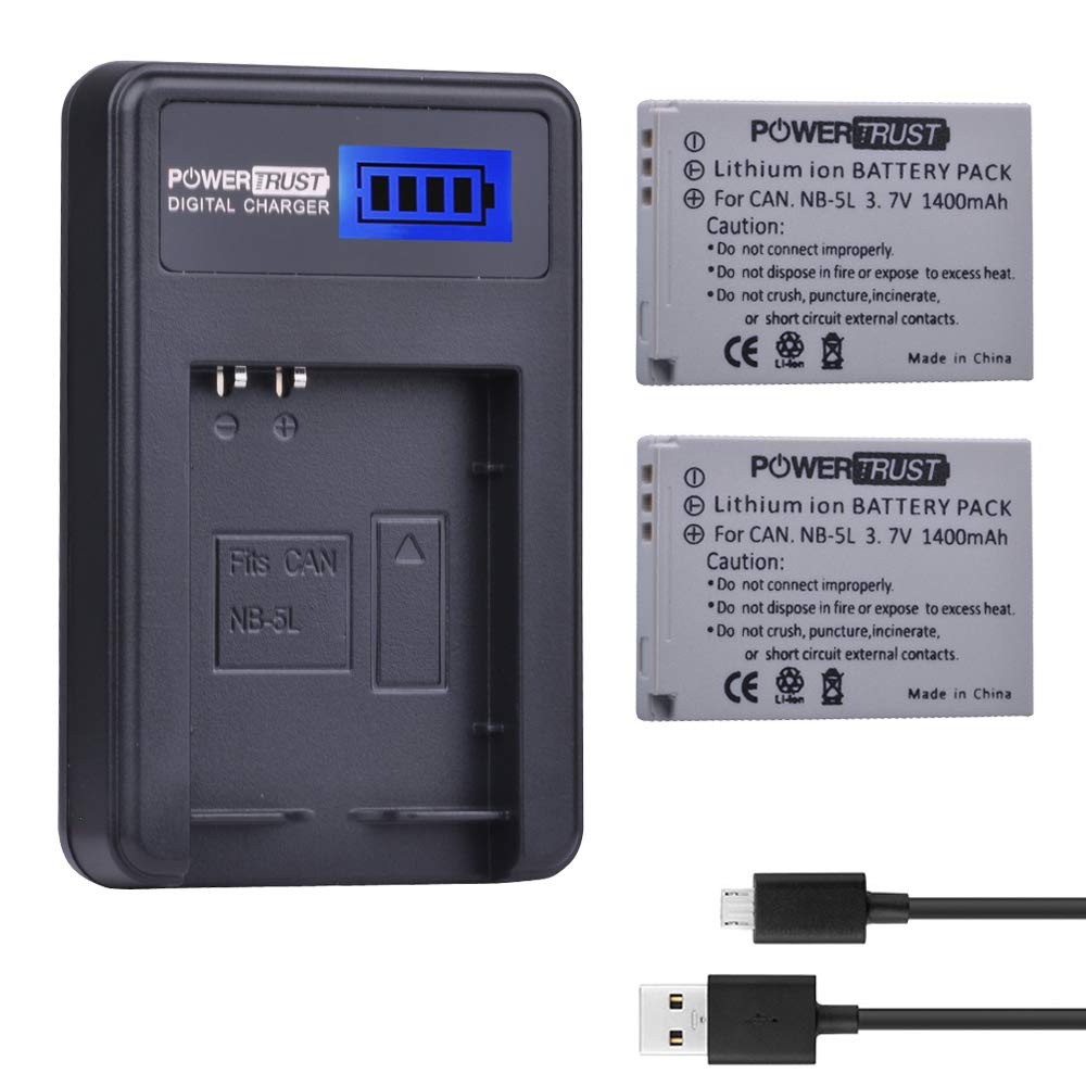 PowerTrust 2-Pack NB-5L Battery and LCD USB Charger for Canon PowerShot S100, S110, SD700 is, SD790 is, SD800 is, SD850 is, SD870 is, SD880 is, SD890