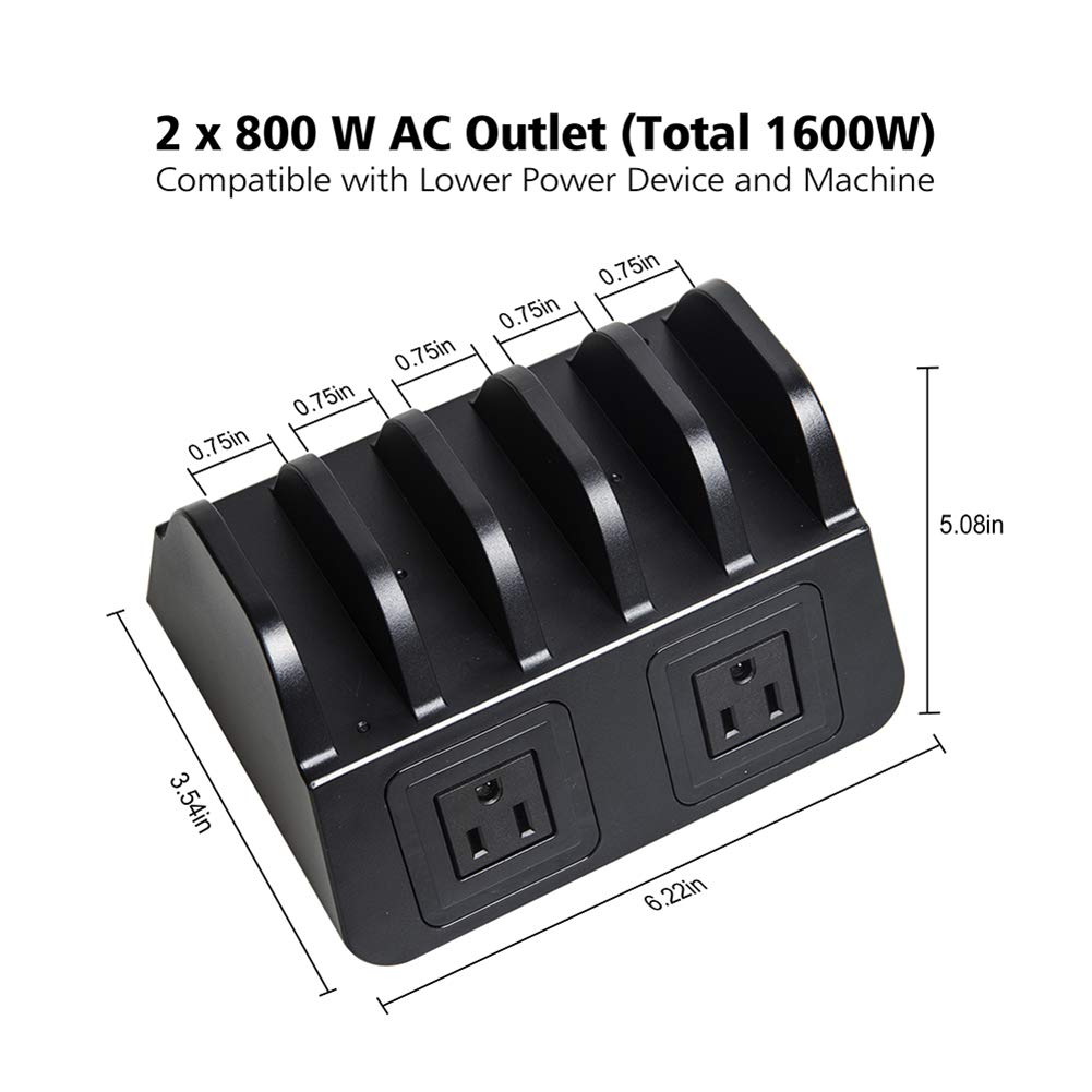 UDOLI 5 USB Ports Charging Station Organizer for Multiple Devices Fast Charging Desktop Stand for Apple Android Phone Tablet 1600W 2 AC Power Outlets