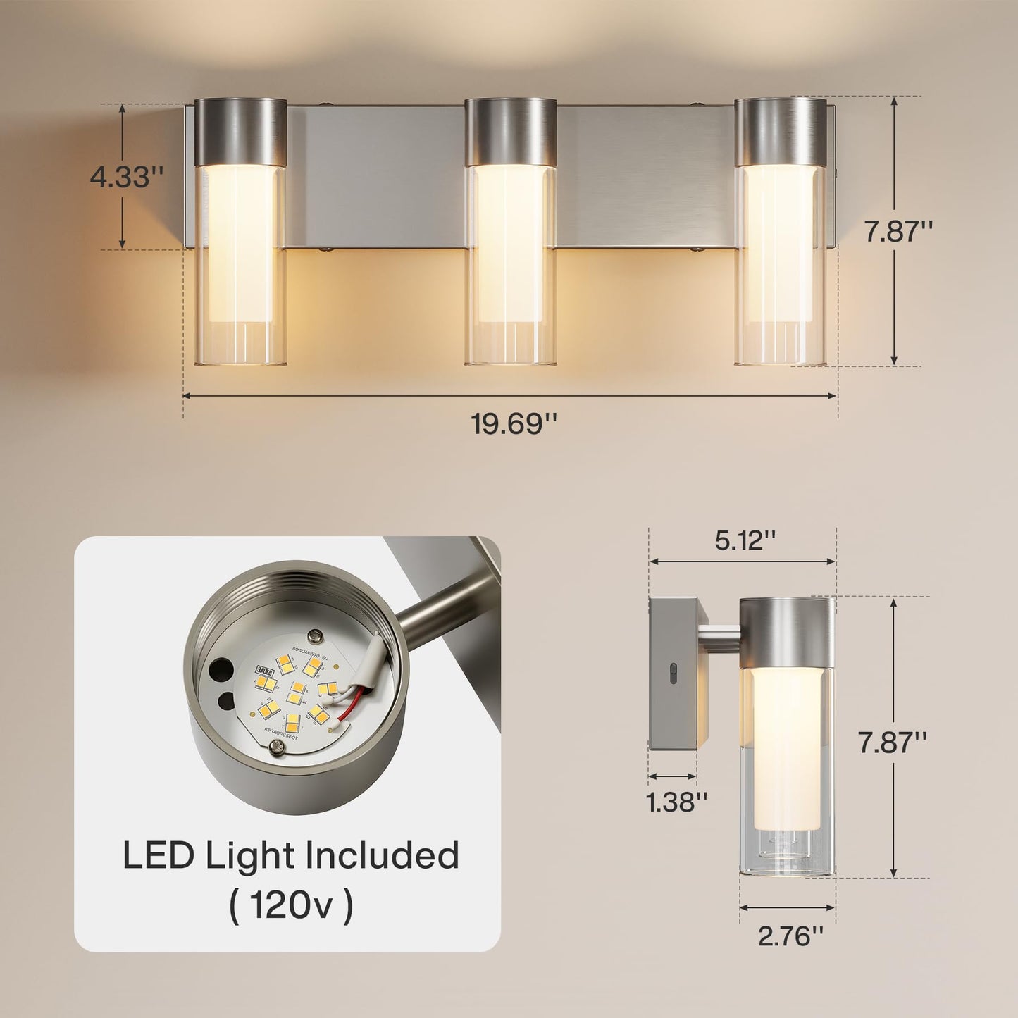 Tribesigns LED Bathroom Light Fixtures, 3-Light Vanity Lights Over Mirror, Wall Lights with 3 Color Modes & Sand Nickel Finish, Wall Sconces