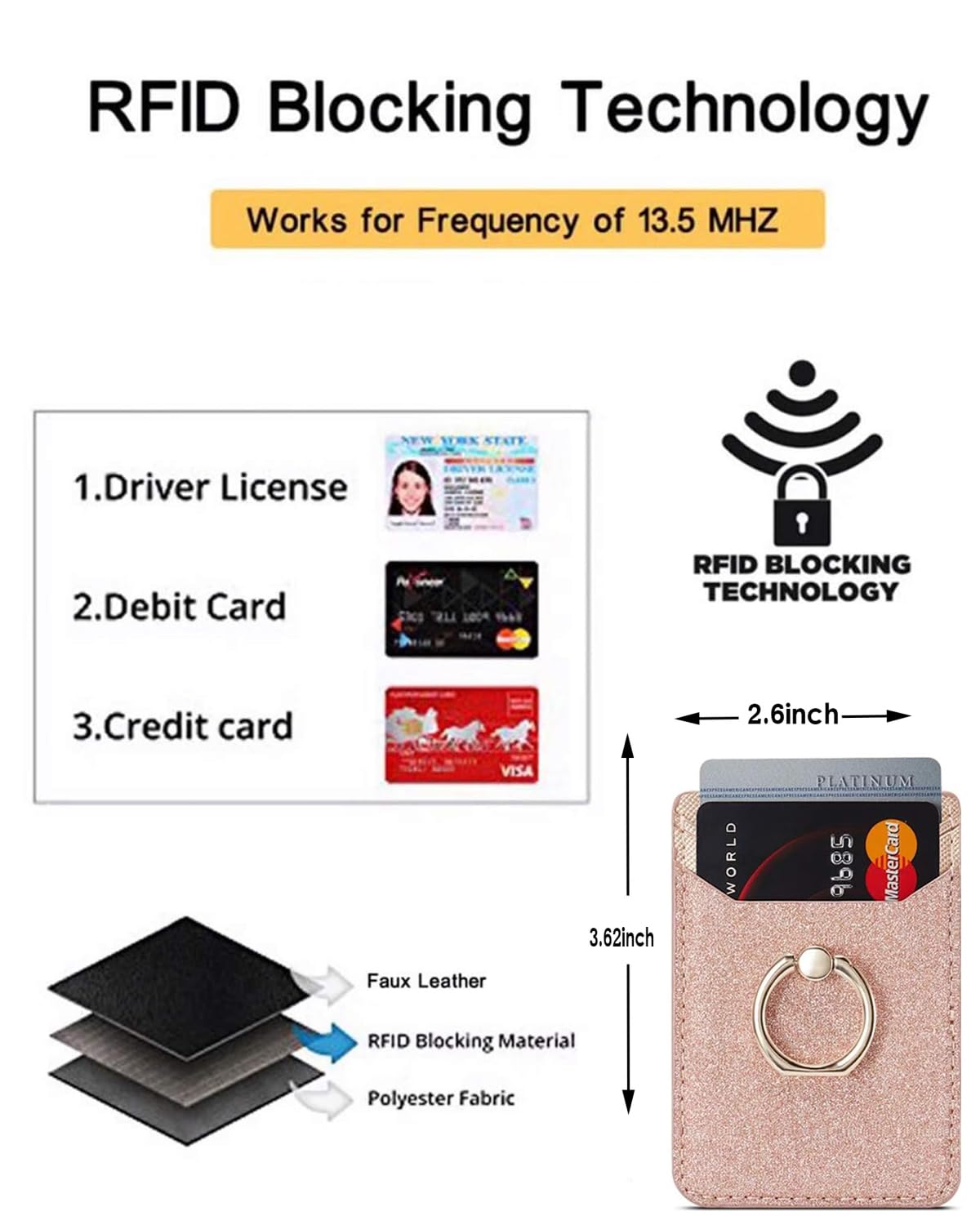 BIAJIYA Phone Card Holder Stick on Back of Phone Case, RFID-Blocking Sticky Phone Wallet with Ring Grip Stand, Glitter Adhesive Phone Card Wallet
