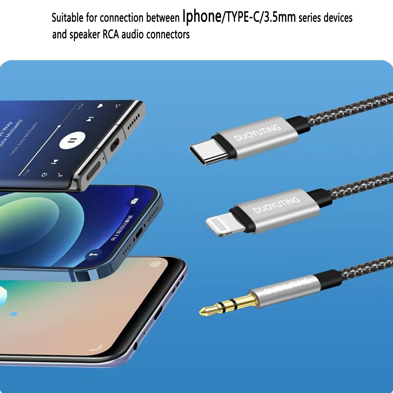 DUOYUTING 3 in 1 Audio Cable, iOS Phone/3.5mm AUX/USB C to 2 RCA,Stereo Audio Adapter for iPhone/Type C Phone/AUX to Amplifier/Sound Box & Home