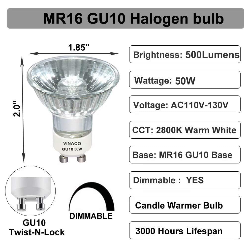 Vinaco GU10+C 120V 50W Halogen Bulbs, 6Pack MR16 Dimmable for Candle Warmer