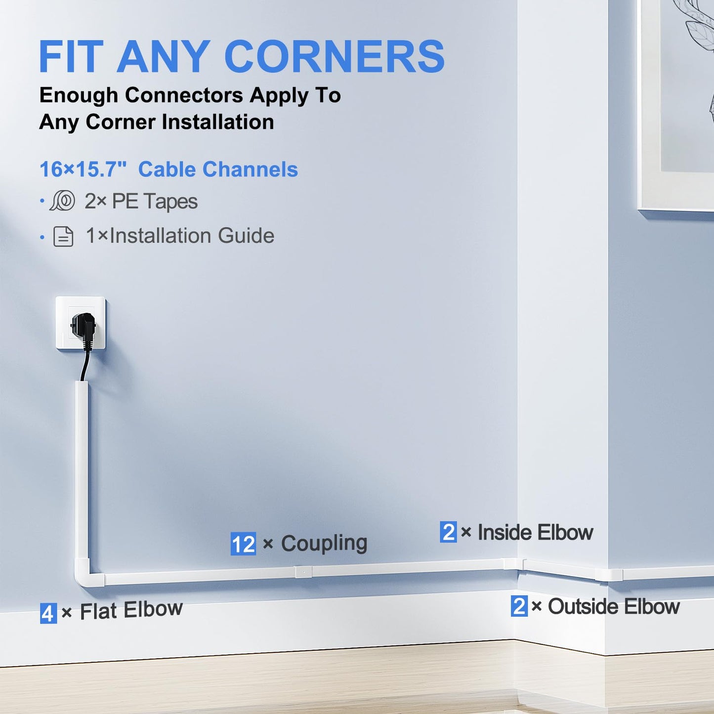 250in Cord Hider, One-Line Cable Hider, Yecaye Small Cord Covers for Wires on Wall System, Cable Raceway Kit for Max 2 Cords, Wire Hiders for Tv on