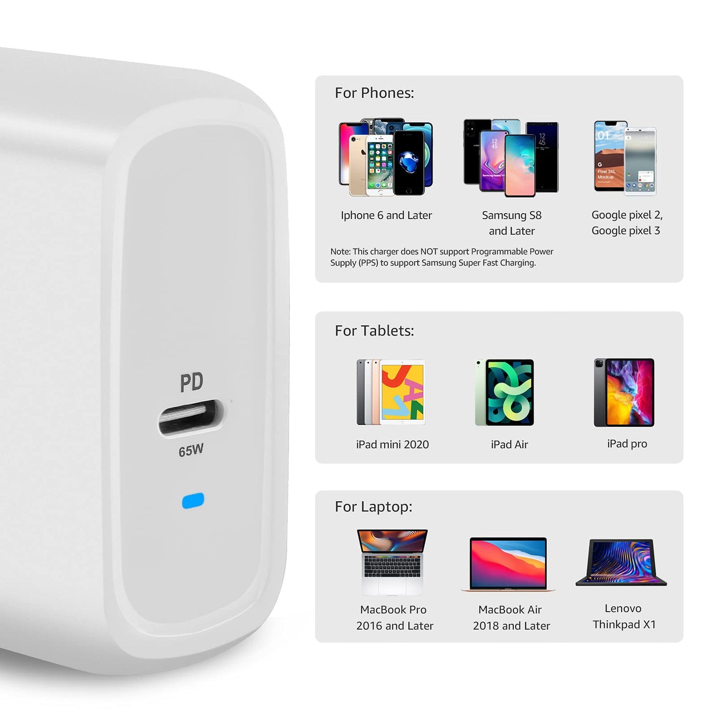 Amazon Basics 65W One-Port GaN USB-C Wall Charger with Power Delivery PD, Foldable Plug, Portable, Fast Charging for Laptops, Tablets & Phones