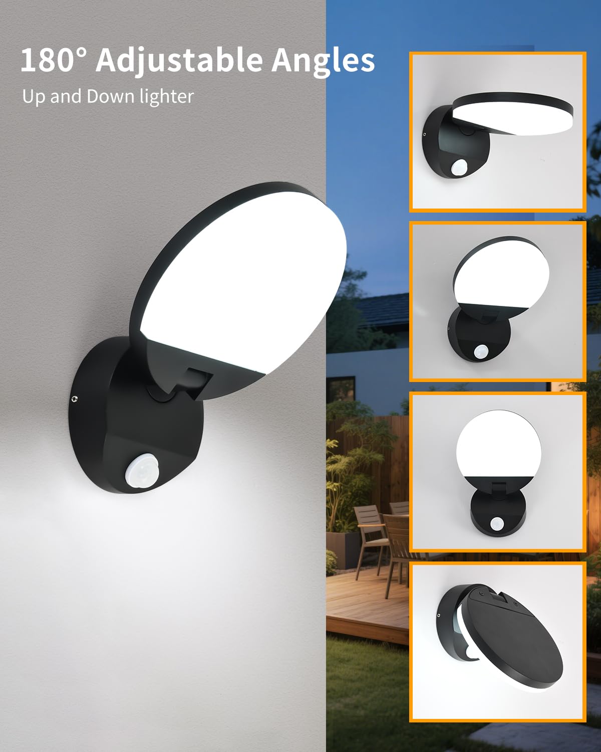 PEBIN Wired Motion Sensor Outdoor Lights Fixtures LED 18W Modern Exterior Porch Lights Wall Sconces Light for Doorway Patio Garage Matt Black Round
