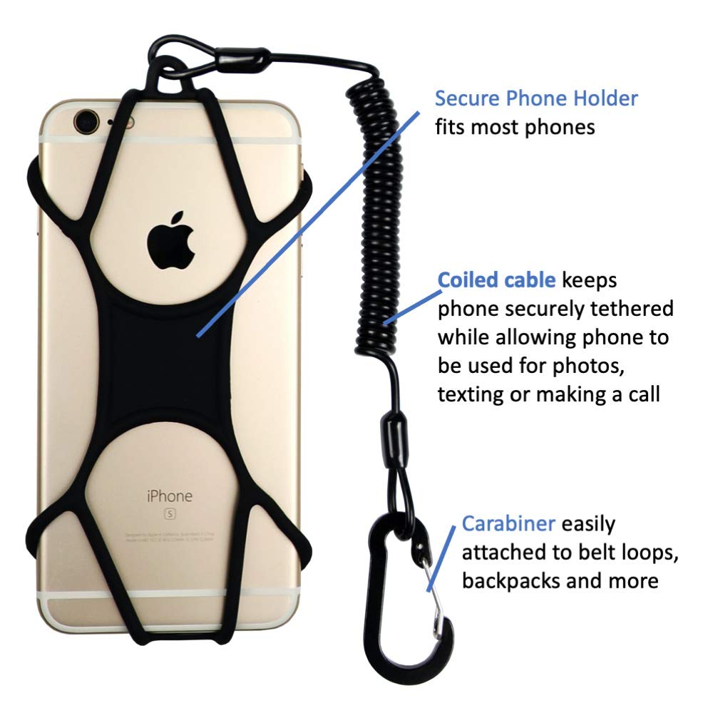 Rugged Phone Lanyard with Coiled Strap and Carabiner - Anti-Theft Cell Phone Tether for Hiking, Travel, Outdoor Use - Universal Phone Strap