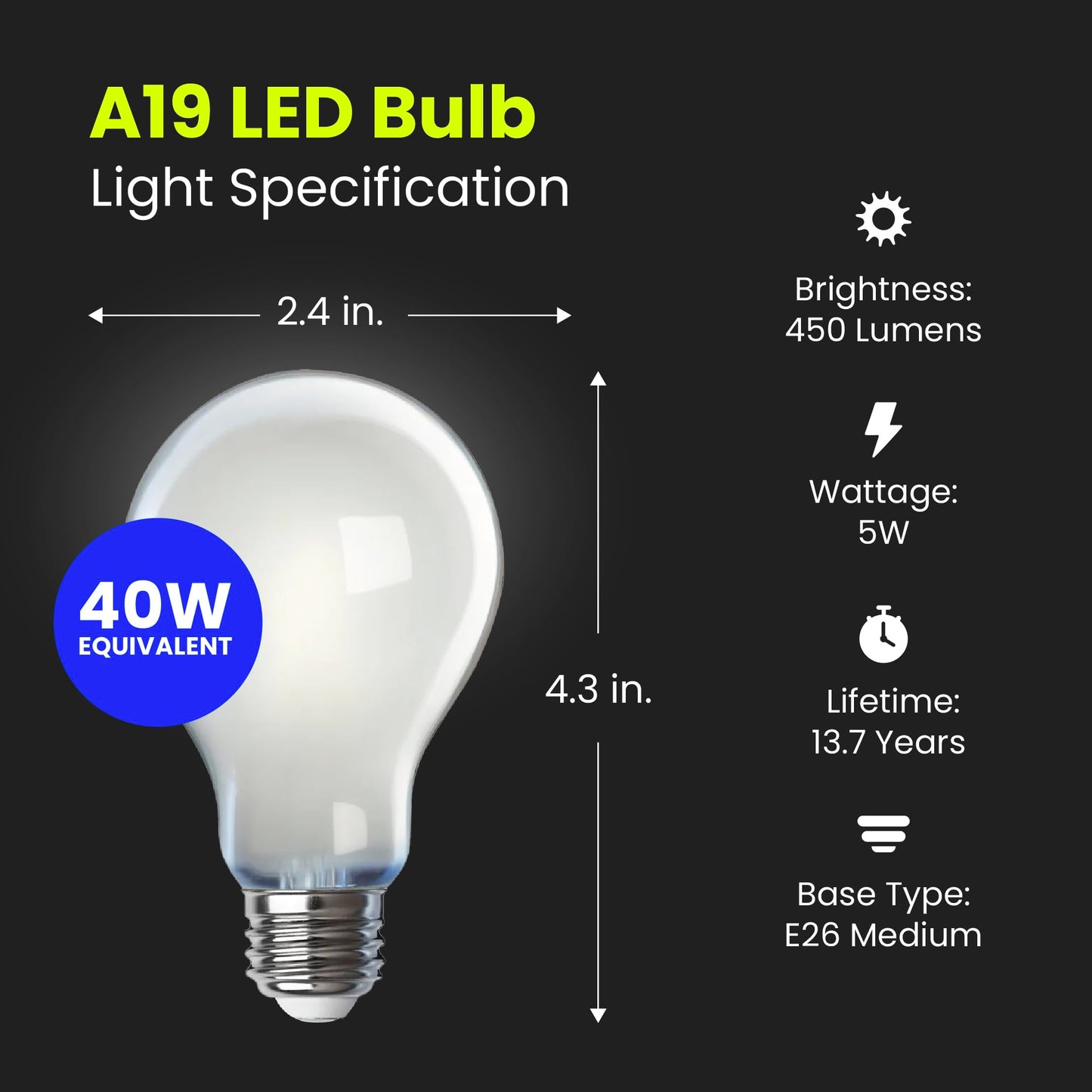 Feit Electric LED A19 Medium Base Light Bulb - 40W Equivalent - 15 Year Life - 450 Lumen - 5000K Daylight - Dimmable | 4-Pack