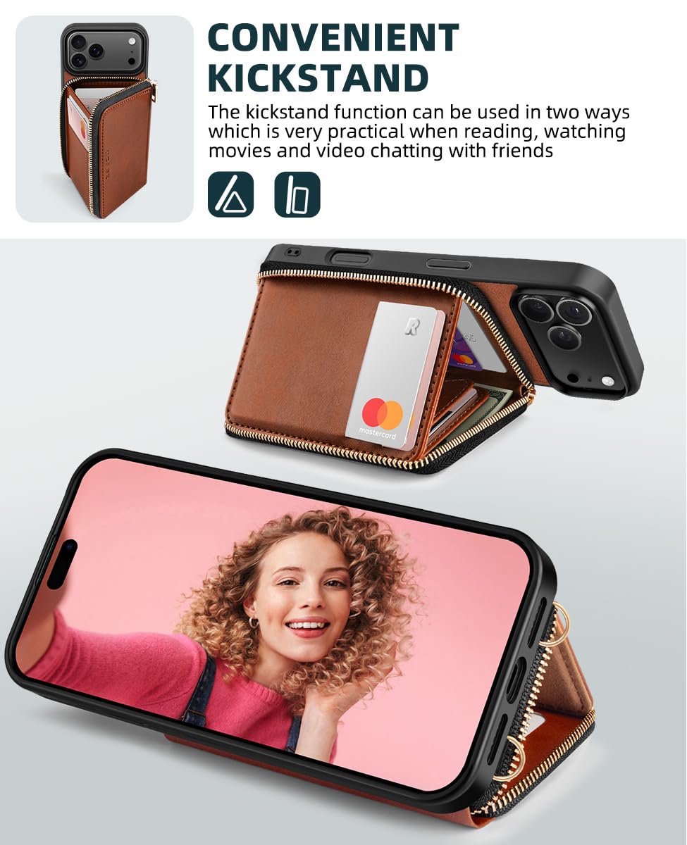 OCASE Compatible with iPhone 17 Pro Max Crossbody Wallet Case with Card Holder, PU Leather Zipper Handbag Phone Purse with RFID Blocking Kickstand