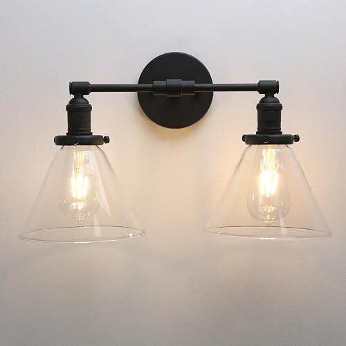 Phansthy 2-Light Industrial Wall Light Black Wall Sconce Light Fixture with Dual 7.3 Inches Cone Clear Glass Canopy (Black)