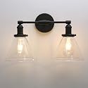 Phansthy 2-Light Industrial Wall Light Black Wall Sconce Light Fixture with Dual 7.3 Inches Cone Clear Glass Canopy (Black)
