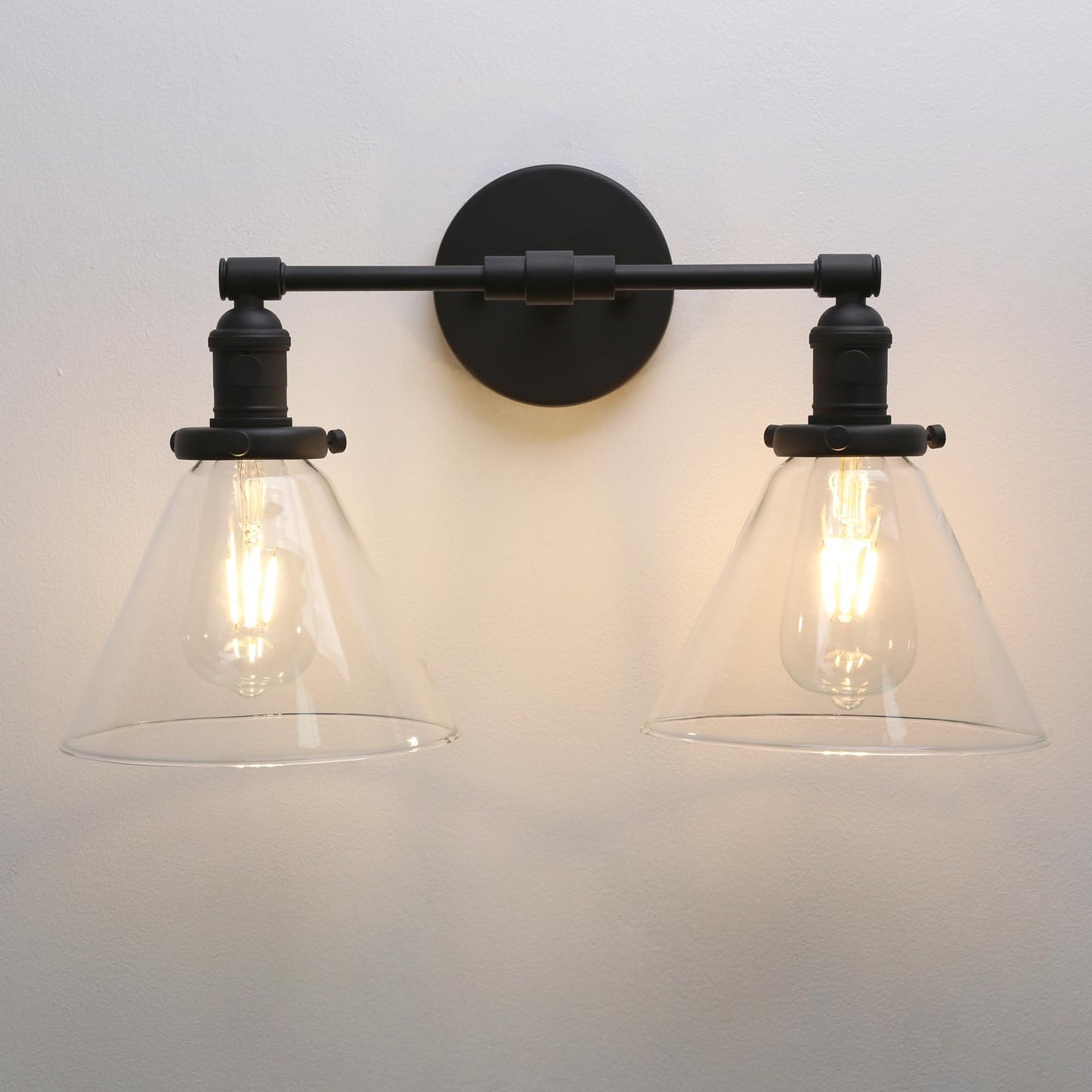 Phansthy 2-Light Industrial Wall Light Black Wall Sconce Light Fixture with Dual 7.3 Inches Cone Clear Glass Canopy (Black)