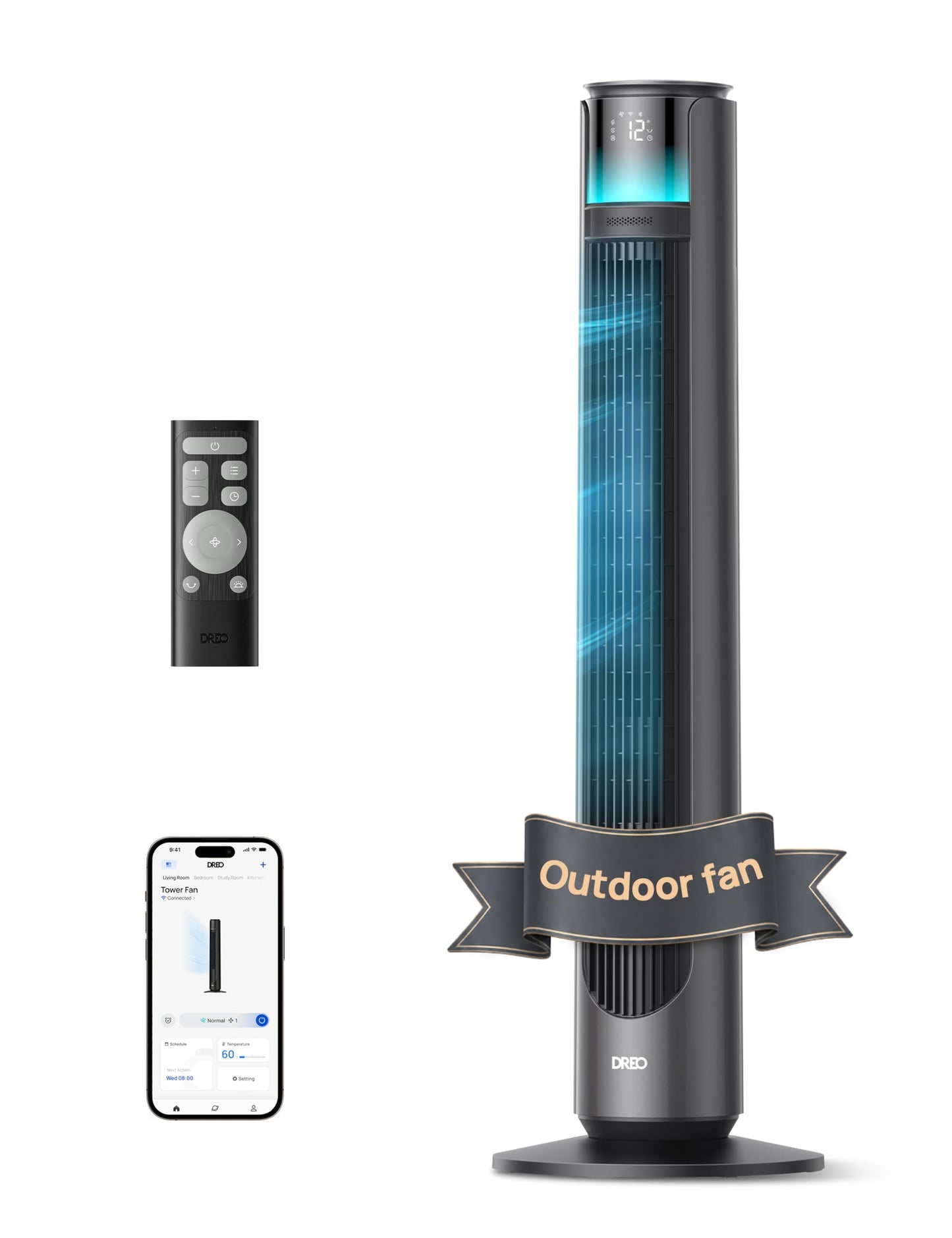 DREO Smart Tower Fan for Indoor & Outdoor Use, 33 ft/s High Velocity, 20 dB