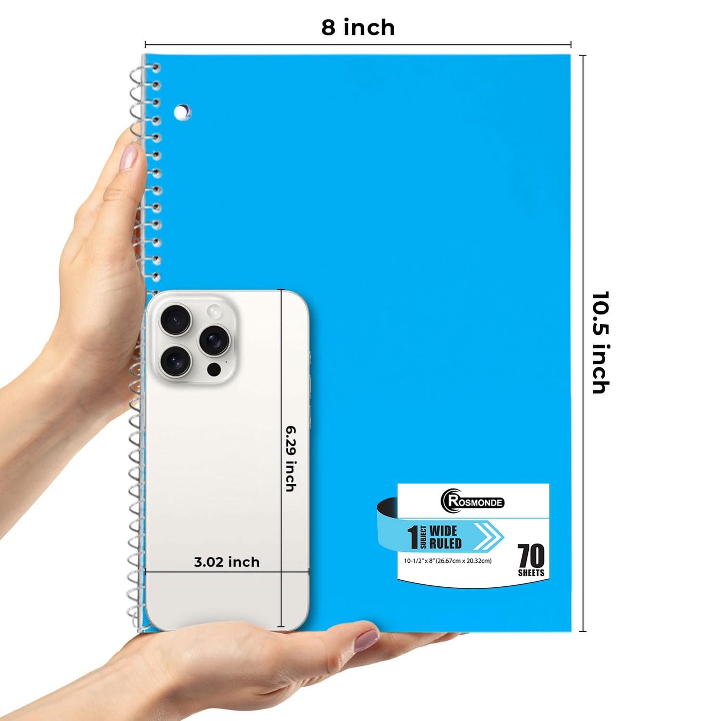 Rosmonde 3 Subject Spiral Notebook, 24 Pack, Wide Ruled, Water Resistant Cover, Thick 300 Pages (150 Sheets), 8 x 10-1/2, 3 Hole Punched, Colored