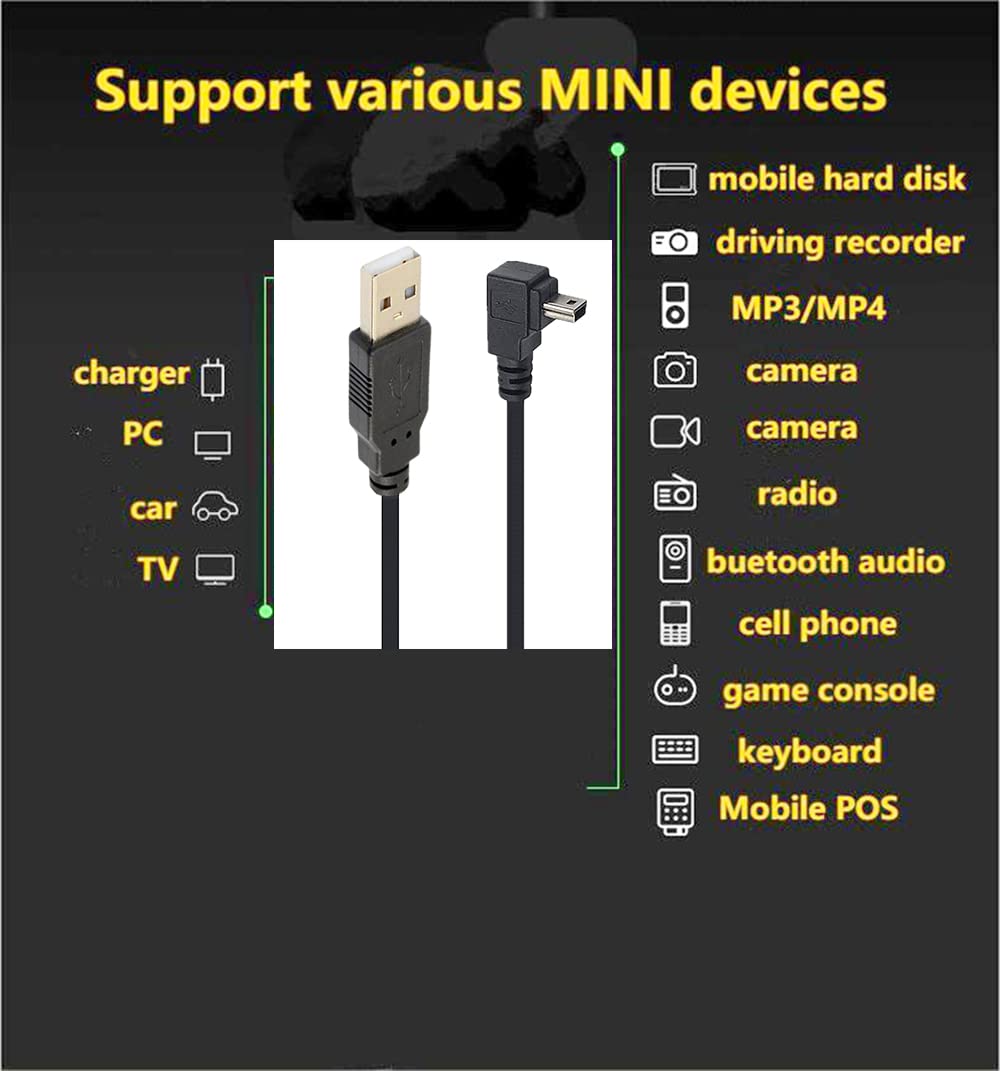SHANFEILU 90 Degree Mini USB Cable Angle Mini 5pin USB B Male to USB 2.0 Male Data Sync Charging Extension Cable for GPS Dash Cam Black Down Angle