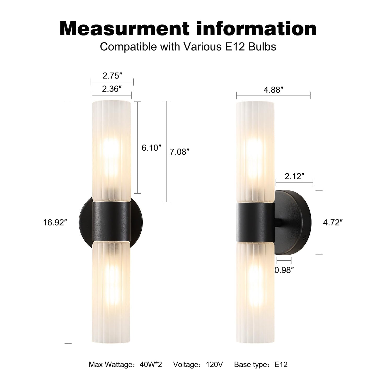 Timeweave Bathroom Light Fixtures 2-Light, Modern Vanity Light for Bathroom, Wall Sconce with Frosted Glass Rods Shades, Hardwired Wall Light Fixtures