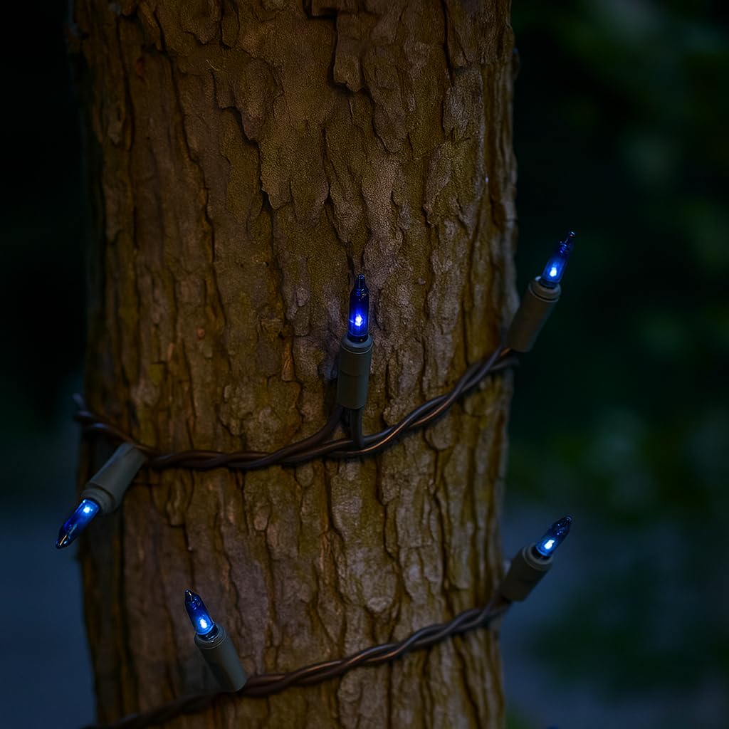 Novelty Lights 50 Feet 100 Bulbs Traditional Incandescent Mini Lights, Blue on Brown Wire with 6" Spacing, Commercial Grade and UL Listed