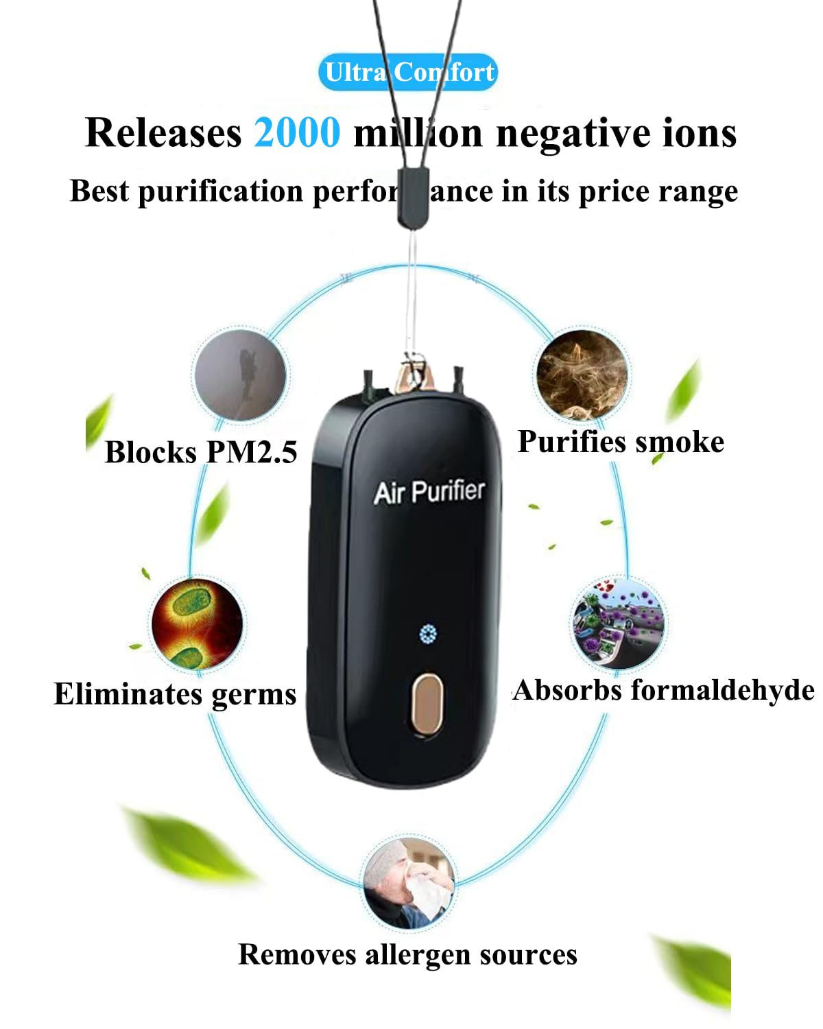 Portable Air Purifier,HAIEGACR Personal Air Purifier Necklace, Wearable Mini Air Ionizer Eliminates Pollen,Smoke,Dust for Outdoor,Travel (Black)