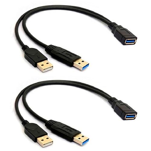 2 Pack of ALINNA Black USB 3.0 Female to Dual USB Male Extra Power Data Y Extension Cable Splitter Adapter for 2.5" Mobile Hard Disk