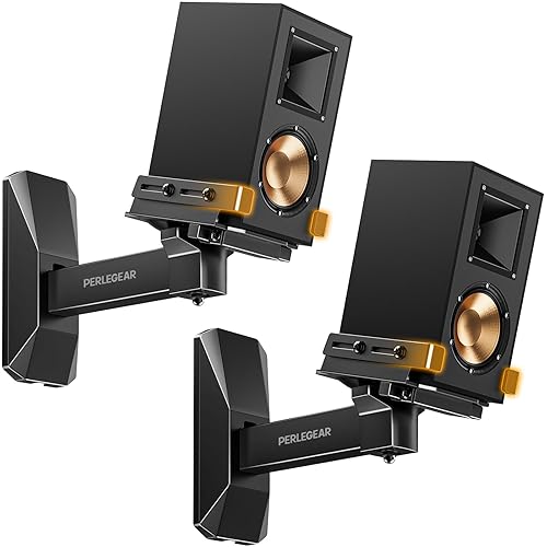 Perlegear Speaker Wall Mounts, Bookshelf Speaker Mounting Brackets with Dual Side Stable Clamp Design, Wide Tilt & Swivel Shelf for Large Surrounding