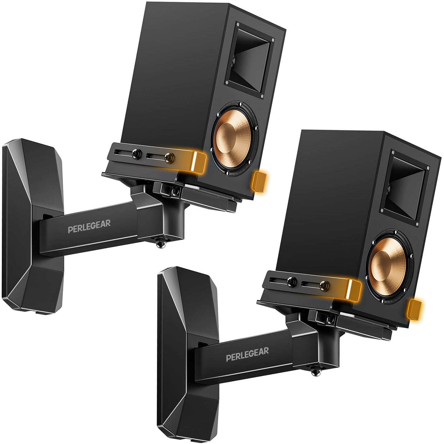 Perlegear Speaker Wall Mounts, Bookshelf Speaker Mounting Brackets with Dual Side Stable Clamp Design, Wide Tilt & Swivel Shelf for Large Surrounding