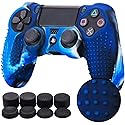 YoRHa Studded Silicone Cover Skin Case for Sony PS4/slim/Pro Dualshock 4 Controller x 1(Camouflage Blue) with Pro Thumb Grips x 8