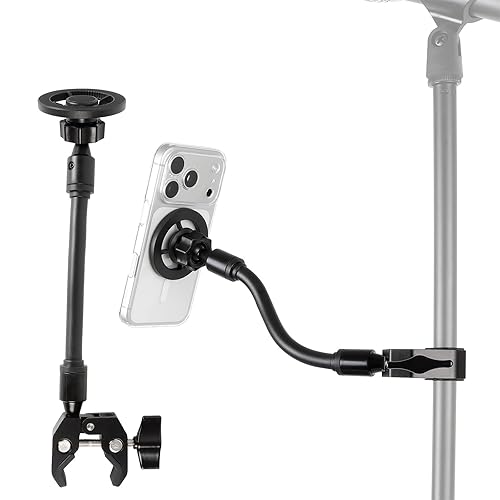 ZUZUXI Magnetic Phone Holder for Mic Stand, Adjustable Flexible Phone Holder with Aluminum Alloy Clamp & Gooseneck Arm for Magsafe, Compatible
