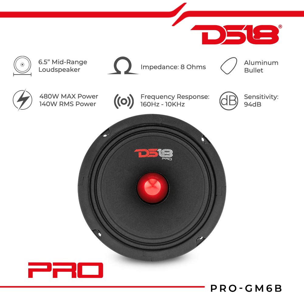 DS18 PRO-GM8B Loudspeaker - 8", Midrange, Red Aluminum Bullet, 580W Max, 190W RMS, 8 Ohms - Premium Quality Audio Door Speakers for Car or Truck